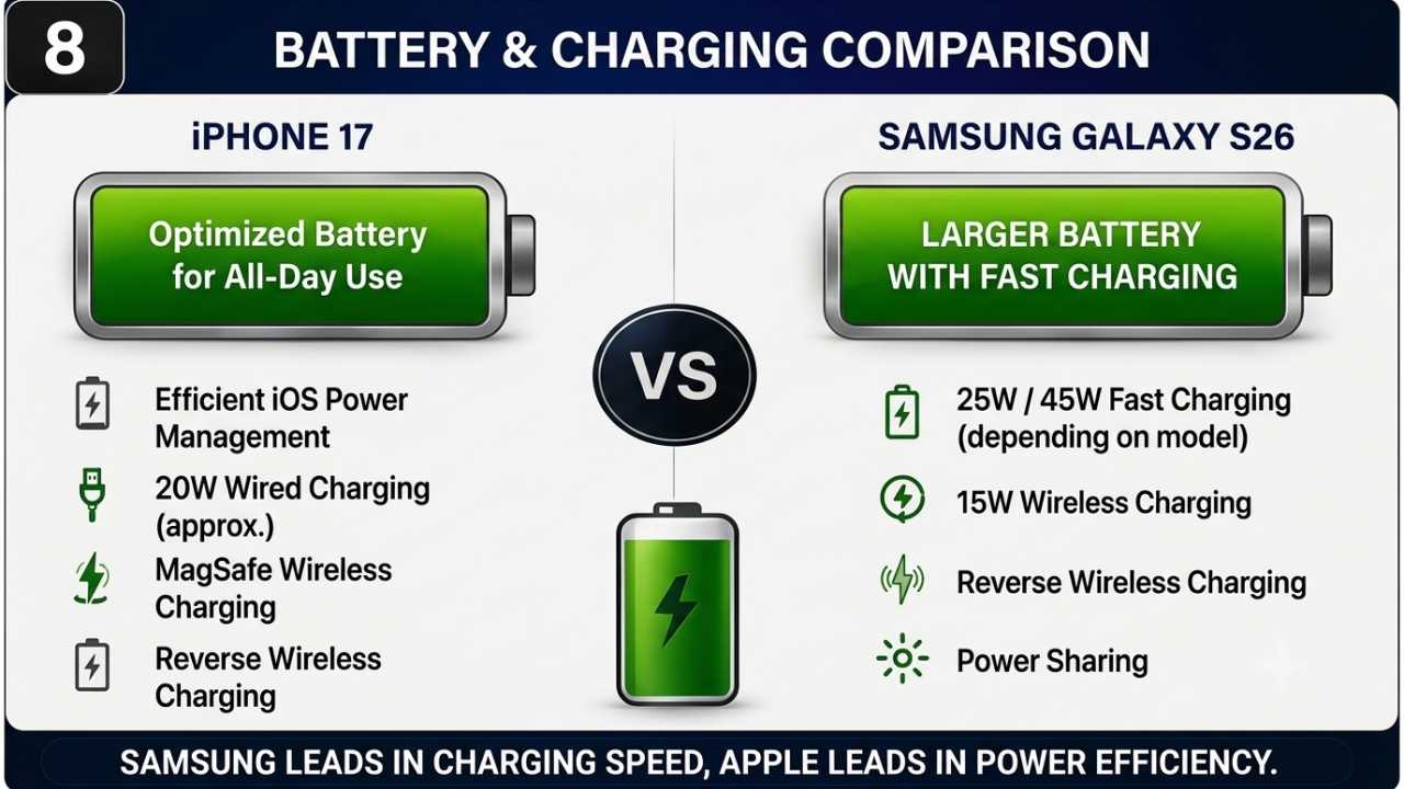 iPhone 17 vs Samsung Galaxy S26 Battery & Charging Comparison