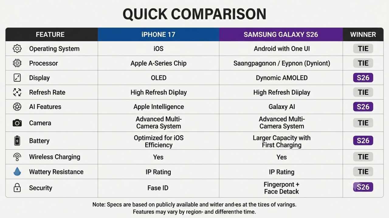iPhone 17 vs Samsung Galaxy S26 Quick Comparison Table